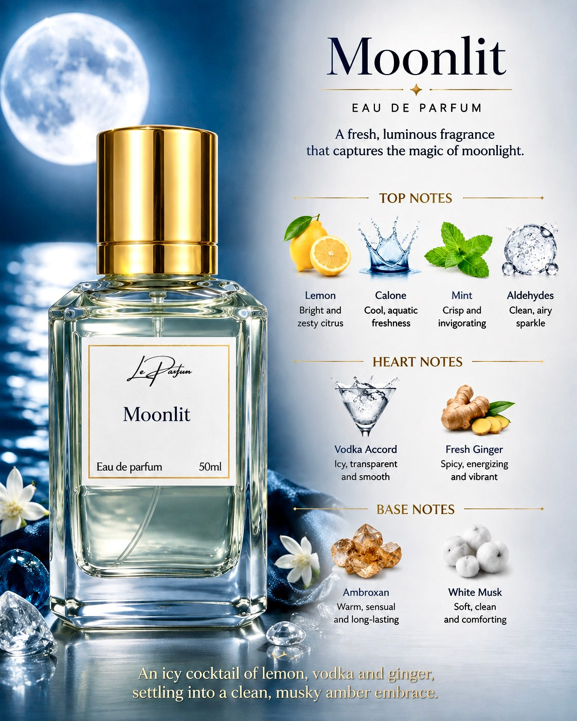 A 50ml perfume bottle labeled 'Moonlit' by Le Parfun, featuring a gold cap and clear glass body, set against a blue-toned background with moon imagery and fragrance notes.