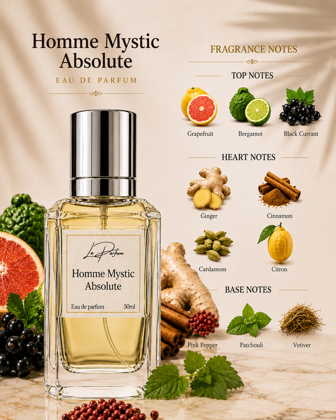 A 50ml bottle of 'Homme Mystic Absolute' Eau de Parfum by Le Parfun with a silver cap and a glass bottle, displayed alongside a detailed fragrance notes infographic on a beige fabric background with fresh ingredients like citrus, ginger, cinnamon, and berries.
